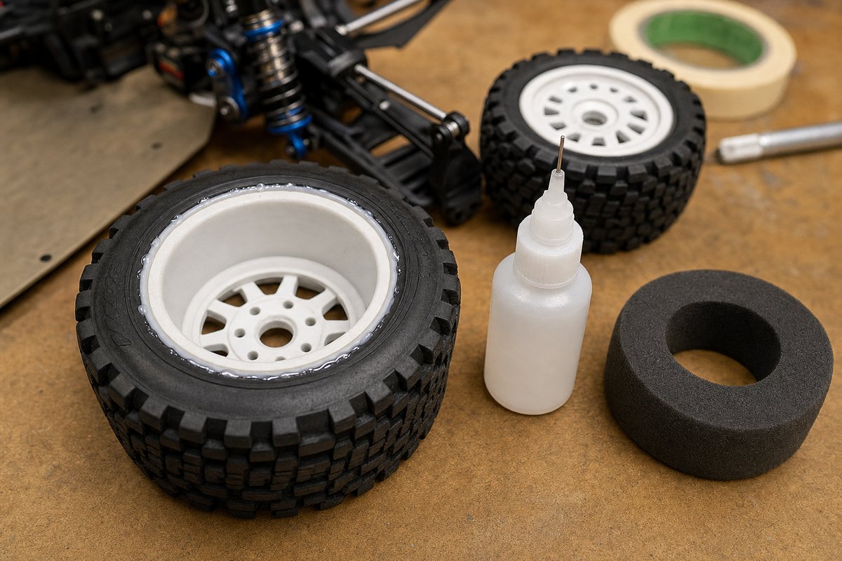 An RC tire and wheel with a thin bead of glue visible along the tire-bead seam, a precision-tip glue bottle and foam tire insert beside it on a workbench