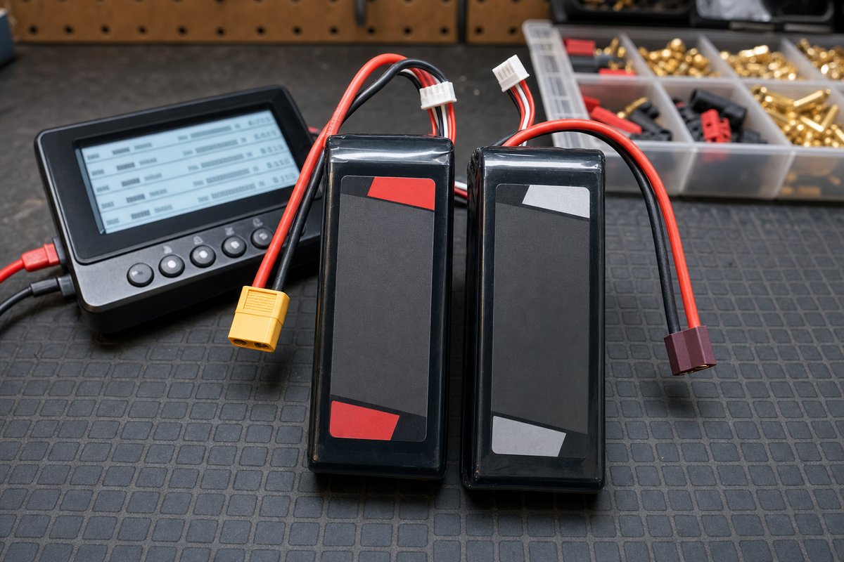 Two RC LiPo battery packs standing side by side on a workbench next to a digital cell-checker with a lit display