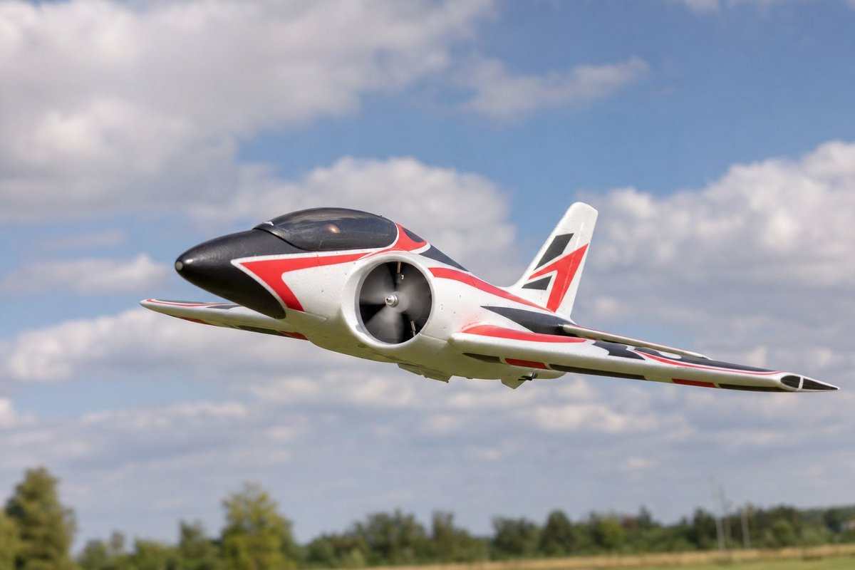 A ducted-fan RC jet banking in flight, showing the circular fan intake and exhaust housing built into the fuselage