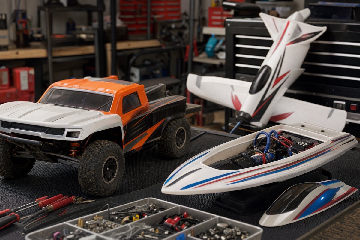 An RC short-course truck, an RC boat hull and a foam RC trainer plane arranged together on a home garage workbench