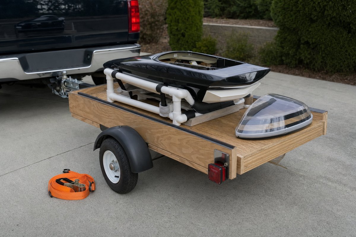A finished homemade plywood-and-PVC trailer holding an RC boat hull, hitched to a pickup truck in a driveway