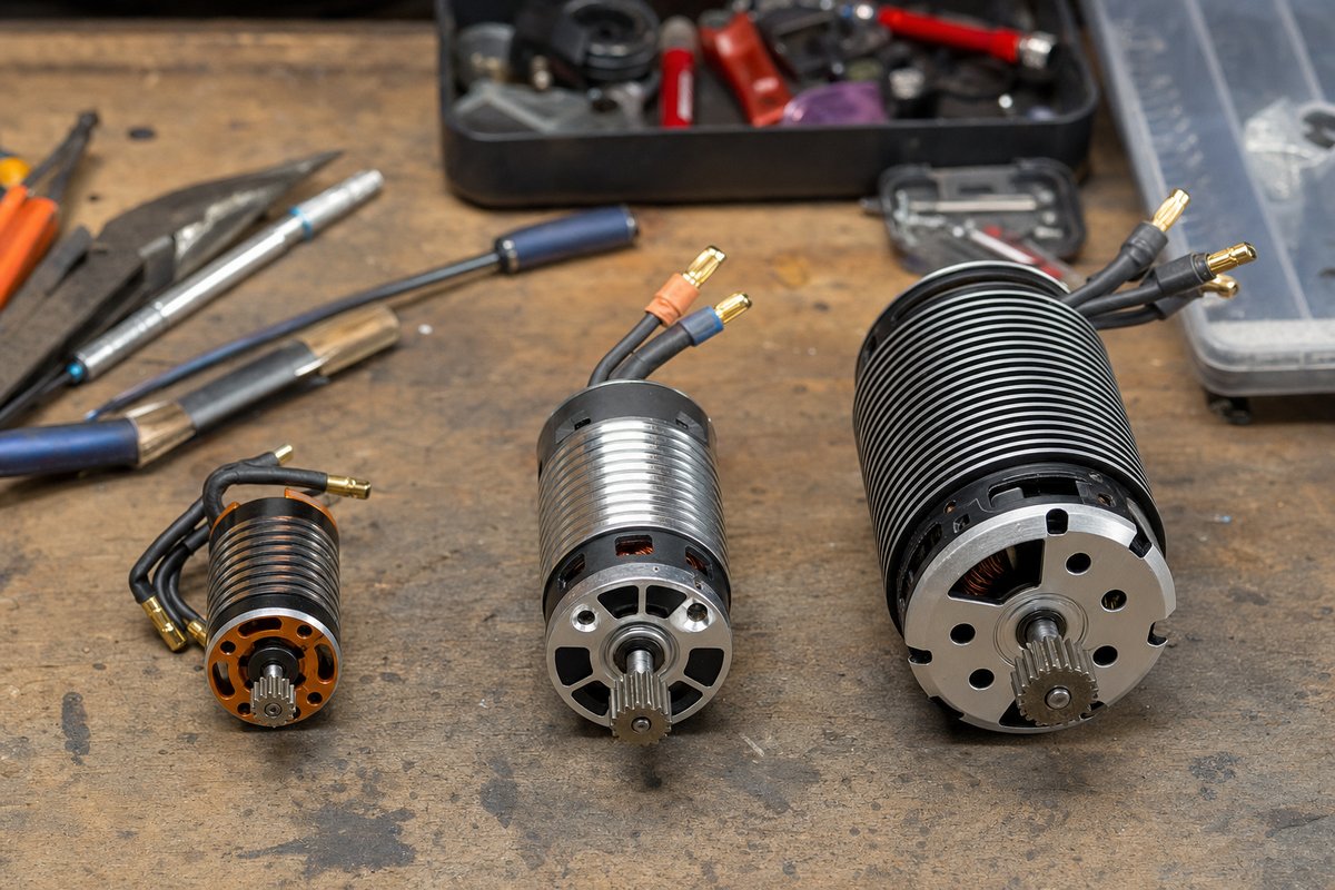An assortment of RC brushless motors in small, medium and large can sizes laid out side by side on a workbench for size comparison, with tools and a parts tray in the background