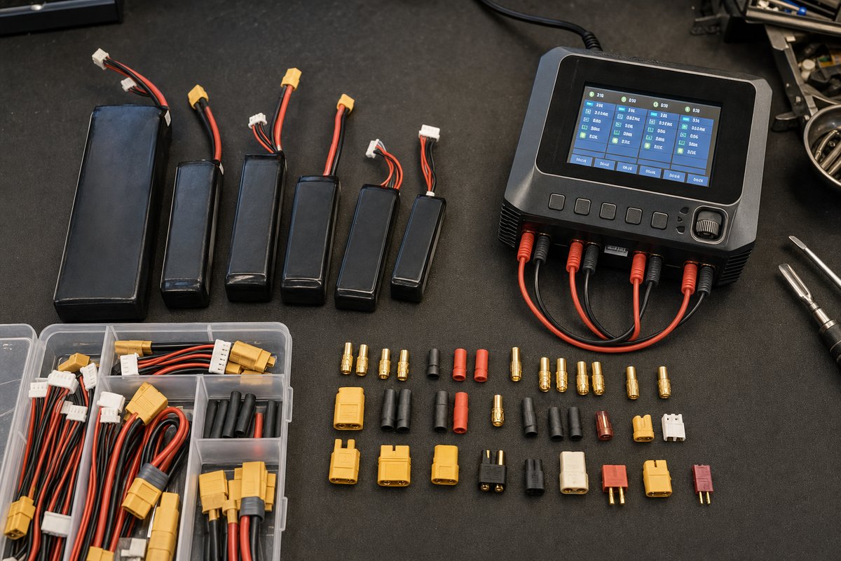 Several RC LiPo battery packs, a smart balance charger and assorted connectors arranged on a workbench