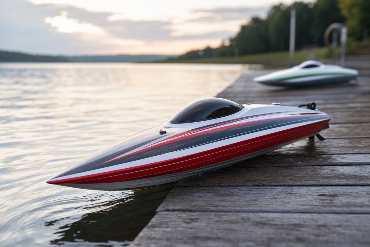 An RC boat hull with a hardshell canopy resting on a dock at the edge of a calm lake