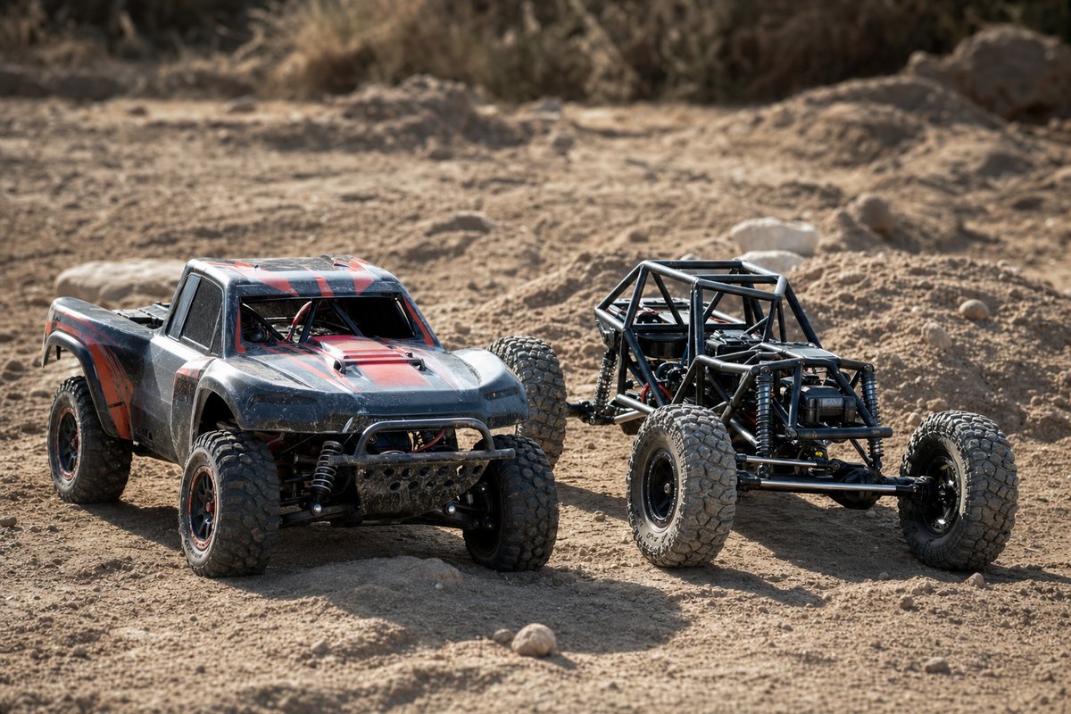 A 1/10-scale RC short-course truck and a rock crawler parked side by side on a dusty outdoor test track
