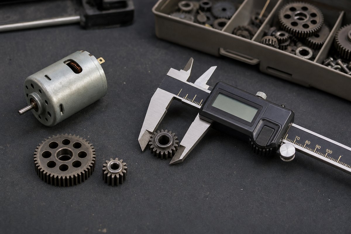 A digital caliper measuring an RC pinion gear next to several other gears and a small brushed motor