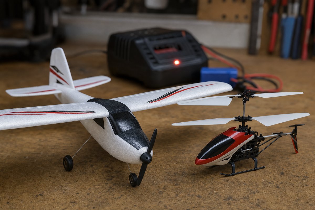 A small foam RC trainer plane and a toy-grade coaxial RC helicopter resting side by side on a workbench