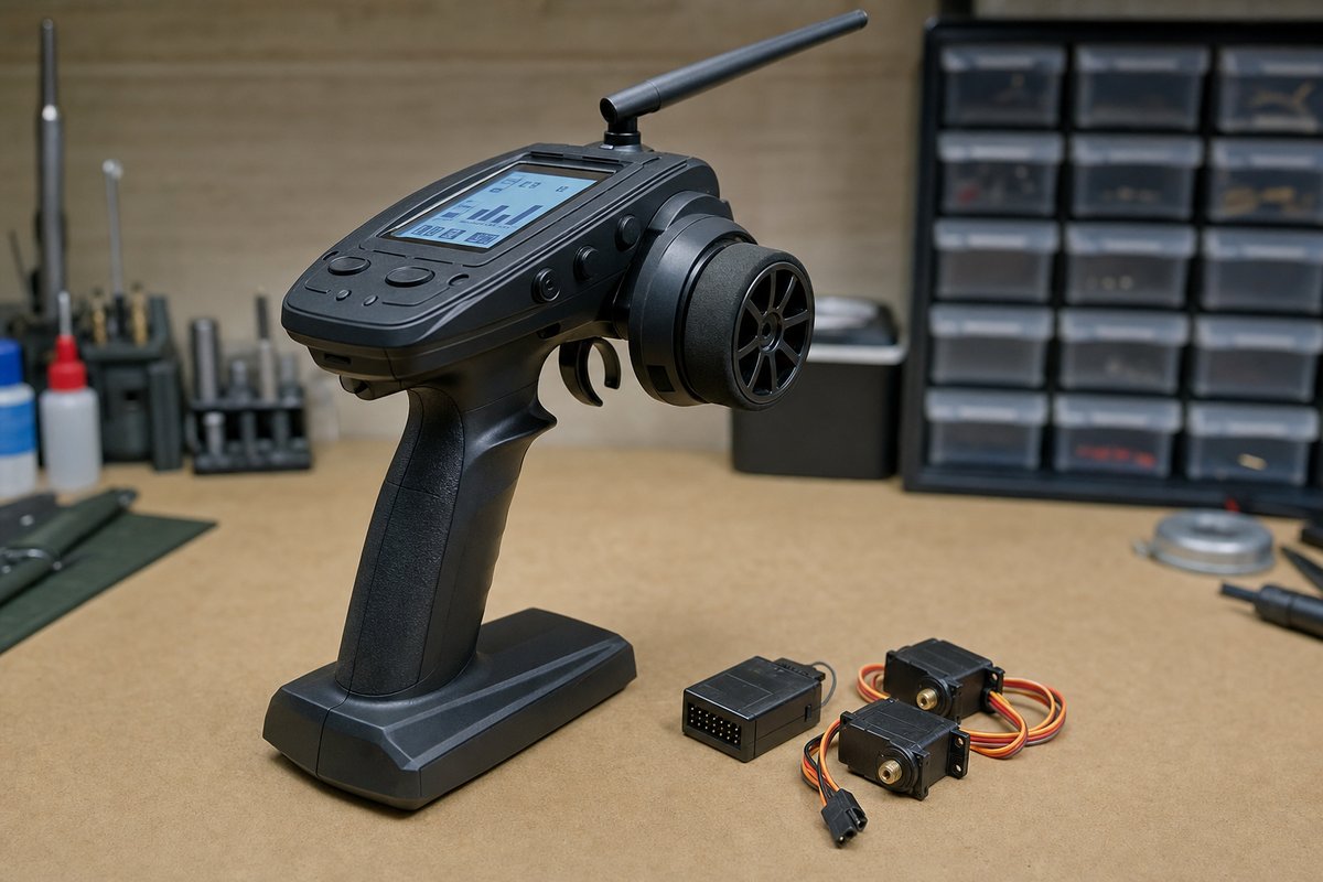 An RC pistol-grip radio transmitter with its antenna extended, standing next to a receiver and two servos