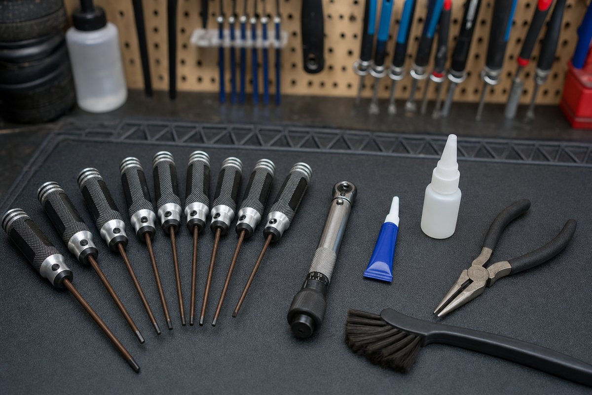 An RC hobbyist tool kit with hex drivers, a torque wrench, thread-lock and CA glue laid out on a workbench
