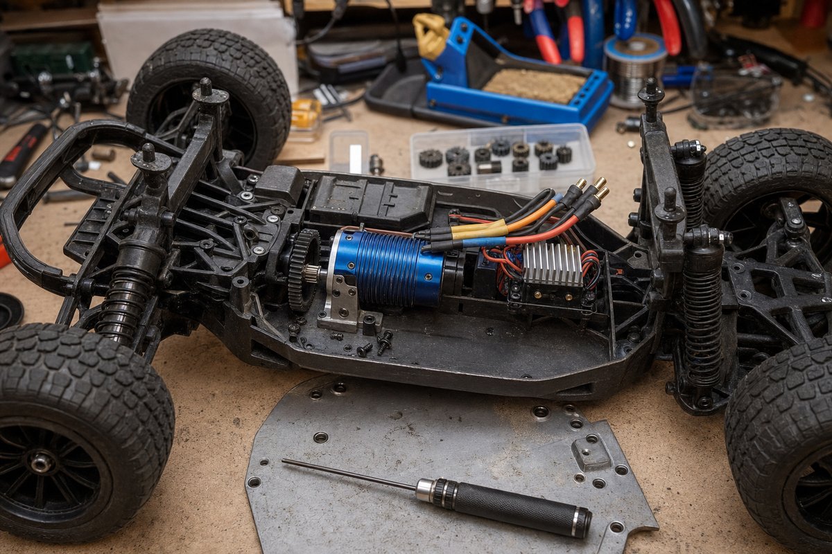 An upside-down 4x4-style RC truck on a workbench with its chassis plate removed, exposing a brushless motor and ESC, a hex driver resting nearby and a tray of spare pinion gears in front
