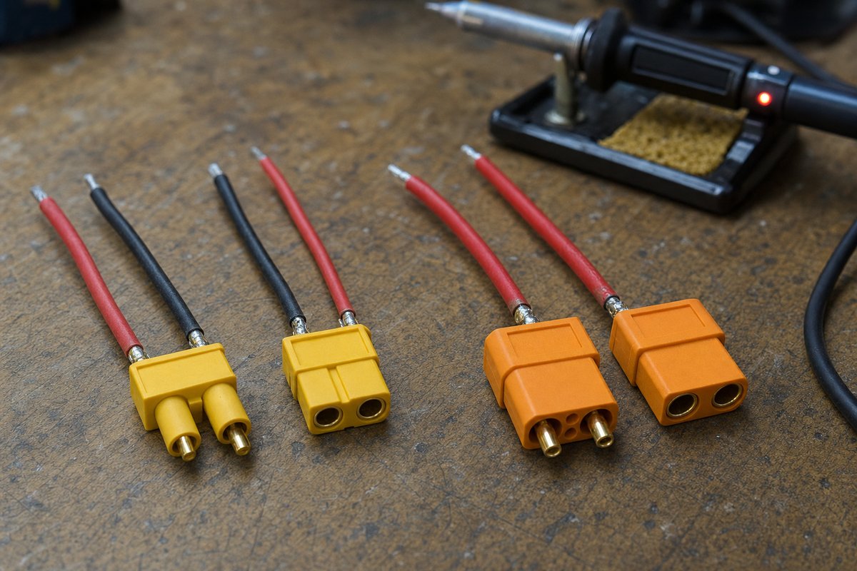 An XT60 connector pair and a larger XT90 connector pair side by side on a workbench, soldered to stripped battery wire